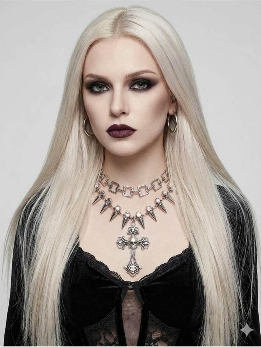 Women's Silver Gothic Cross & Spike Layered Necklace - Edgy Statement Jewelry